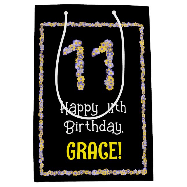 11th Birthday: Floral Flowers Number, Custom Name Medium Gift Bag (Front)