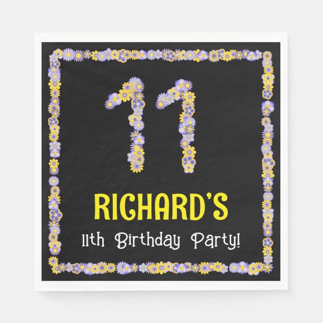 11th Birthday: Floral Flowers Number, Custom Name Napkins (Front)