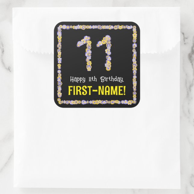 11th Birthday: Floral Flowers Number, Custom Name Square Sticker (Bag)