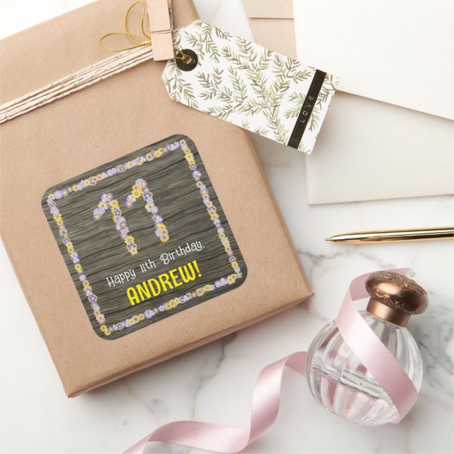 11th Birthday: Floral Number, Faux Wood Look, Name Square Sticker (Gifting)