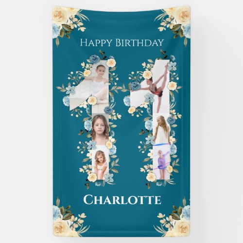 11th Birthday Flower Teal Photo Collage Yellow Banner