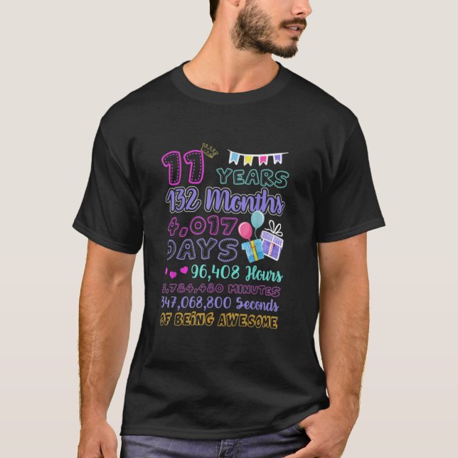 11th Birthday For Girls 11 Years Old Being Awesome T-Shirt (Front)