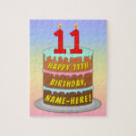 [ Thumbnail: 11th Birthday: Fun Cake and Candles + Custom Name Jigsaw Puzzle ]