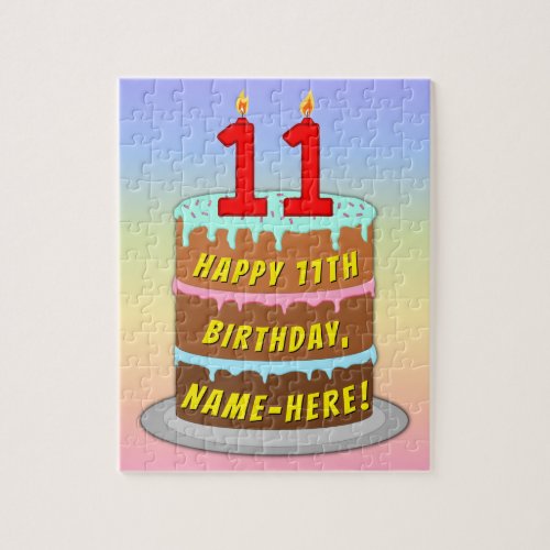 11th Birthday Fun Cake and Candles  Custom Name Jigsaw Puzzle