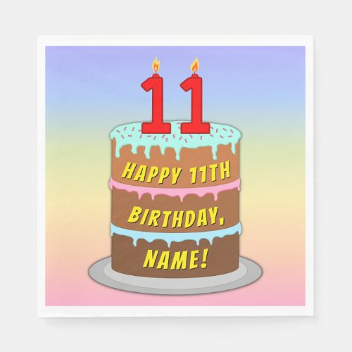 11th Birthday Fun Cake and Candles  Custom Name Napkins