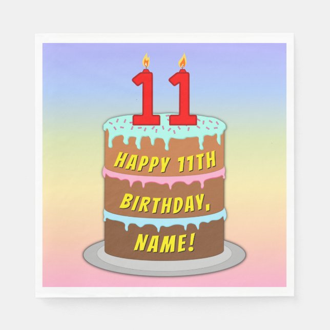 11th Birthday: Fun Cake and Candles + Custom Name Napkins (Front)