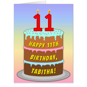 11th Birthday: Fun Cake & Candles, w/ Custom Name Card