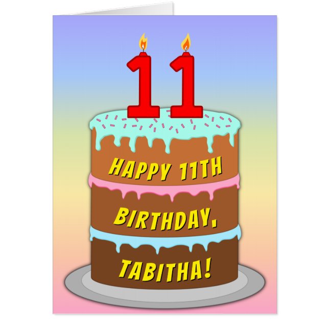 11th Birthday: Fun Cake & Candles, w/ Custom Name Card (Front)