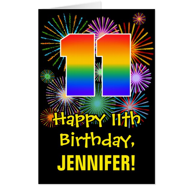 11th Birthday: Fun Fireworks Pattern & Rainbow 11 Card (Front)