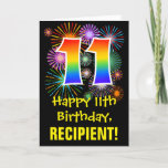 [ Thumbnail: 11th Birthday: Fun Fireworks Pattern + Rainbow 11 Card ]