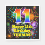 [ Thumbnail: 11th Birthday: Fun Fireworks Pattern + Rainbow 11 Napkins ]