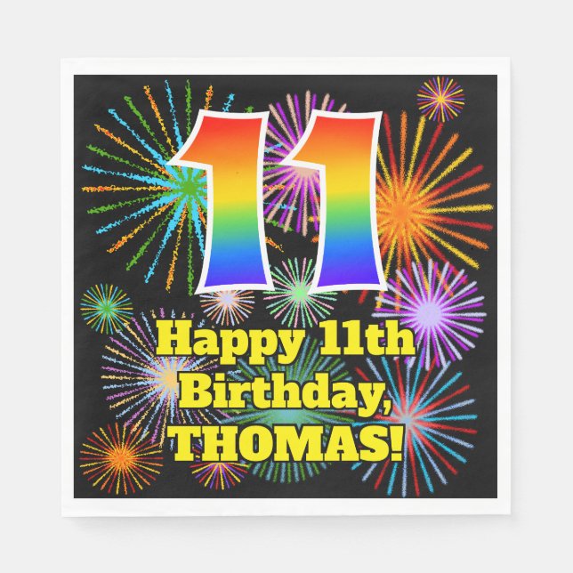 11th Birthday: Fun Fireworks Pattern + Rainbow 11 Napkins (Front)