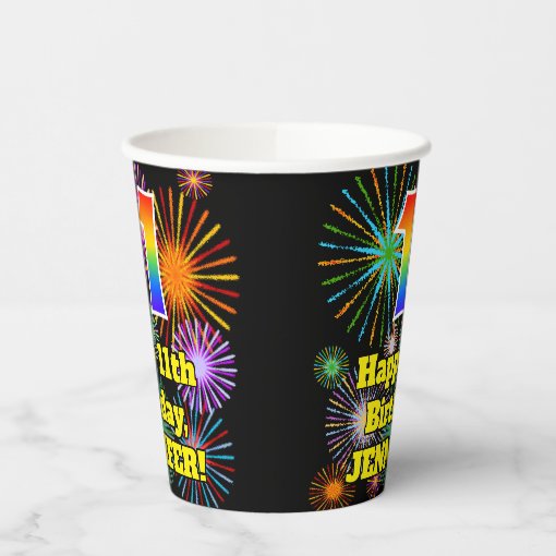 11th Birthday: Fun Fireworks Pattern + Rainbow 11 Paper Cups | Zazzle