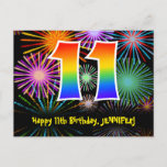 [ Thumbnail: 11th Birthday – Fun Fireworks Pattern + Rainbow 11 Postcard ]