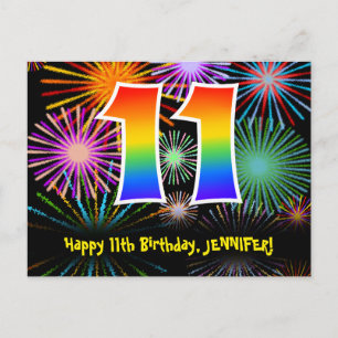 11th Birthday – Fun Fireworks Pattern + Rainbow 11 Postcard