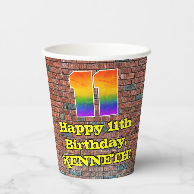 11th Birthday: Fun Graffiti-Inspired Rainbow 11 Paper Cups (Front)