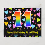 [ Thumbnail: 11th Birthday: Fun Hearts Pattern, Rainbow 11 Postcard ]