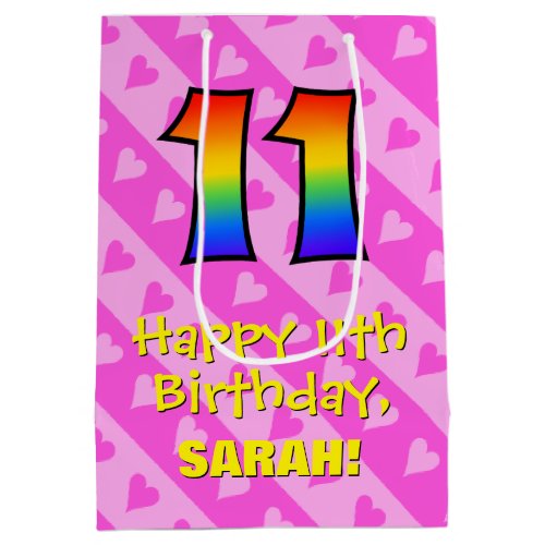 11th Birthday Fun Pink Hearts Stripes Rainbow 11 Medium Gift Bag