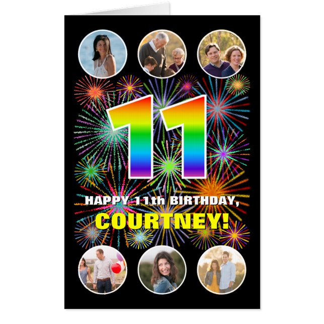 11th Birthday: Fun Rainbow #, Custom Name + Photos Card (Front)