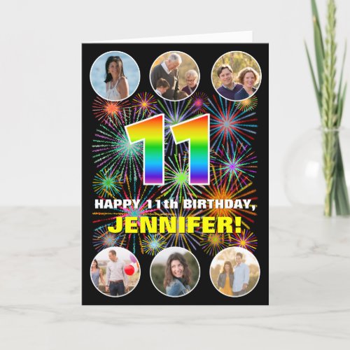 11th Birthday Fun Rainbow  Custom Name  Photos Card