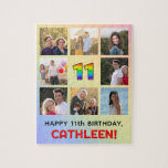 [ Thumbnail: 11th Birthday: Fun Rainbow #, Custom Name & Photos Jigsaw Puzzle ]