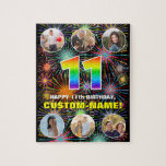 [ Thumbnail: 11th Birthday: Fun Rainbow #, Custom Name + Photos Jigsaw Puzzle ]
