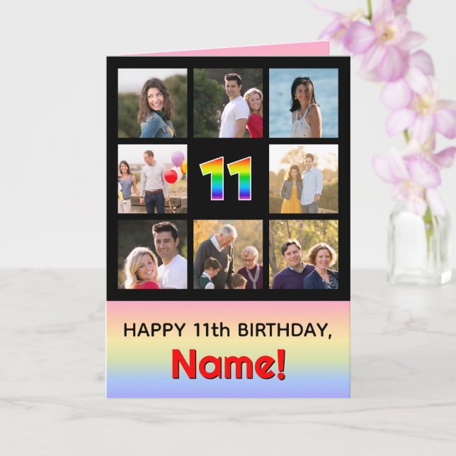 11th Birthday: Fun Rainbow #, Custom Photos + Name Card (Orchid)