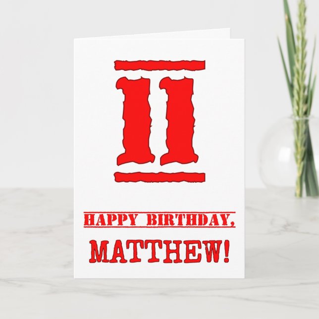 11th Birthday: Fun, Red Rubber Stamp Inspired Look Card (Front)