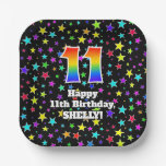 [ Thumbnail: 11th Birthday: Fun Stars Pattern and Rainbow “11” Paper Plates ]