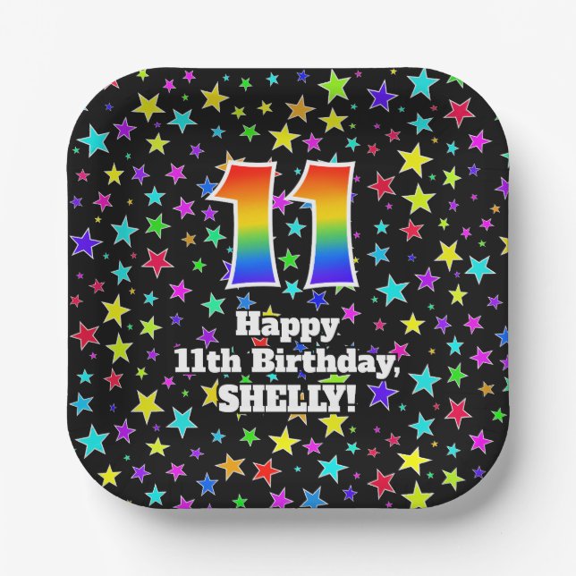 11th Birthday: Fun Stars Pattern and Rainbow “11” Paper Plates (Front)