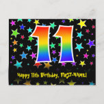 [ Thumbnail: 11th Birthday: Fun Stars Pattern, Rainbow 11, Name Postcard ]