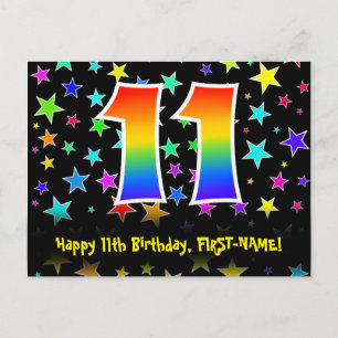 11th Birthday: Fun Stars Pattern, Rainbow 11, Name Postcard