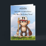 11th Birthday Grandson Personalize Baseball Monkey Card<br><div class="desc">Hit a home run with this personalized baseball birthday card for your grandson’s 11th birthday! A fun monkey, geared up with his bat and glove, stands against a bright blue sky, ready for action. Personalize the front with his name to make this a unique and memorable keepsake. A perfect choice...</div>
