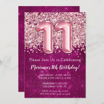 11th Birthday Invitation Girl Magenta Pink Glitter by WittyPrintables at Zazzle