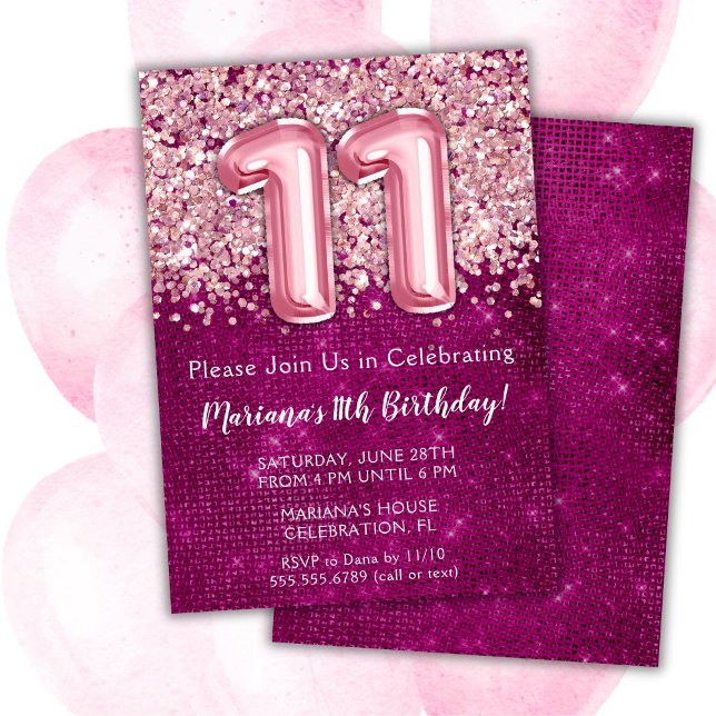 11th Birthday Invitation Girl Magenta Pink Glitter (Creator Uploaded)