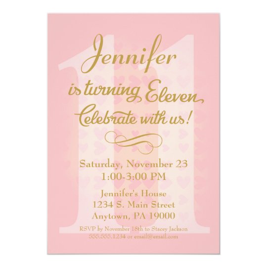 11th birthday invitation girls pink gold hearts zazzle com
