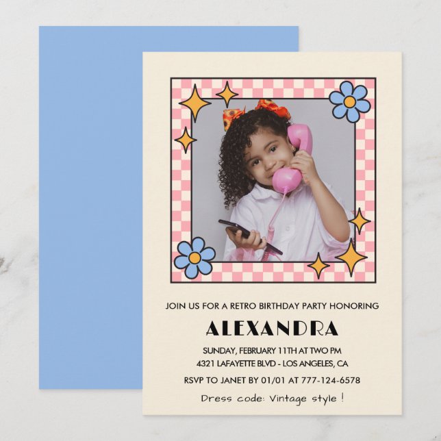 11th birthday invitation Retro Groovy Blue Floral (Front/Back)