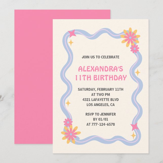 11th birthday invitation Retro Groovy Pink Flowers (Front/Back)