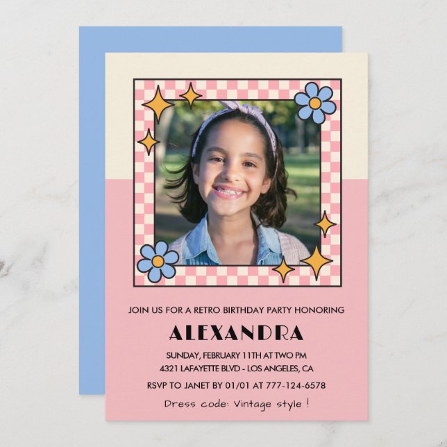 11th birthday invitation Retro Groovy Pink Flowers (Front/Back)