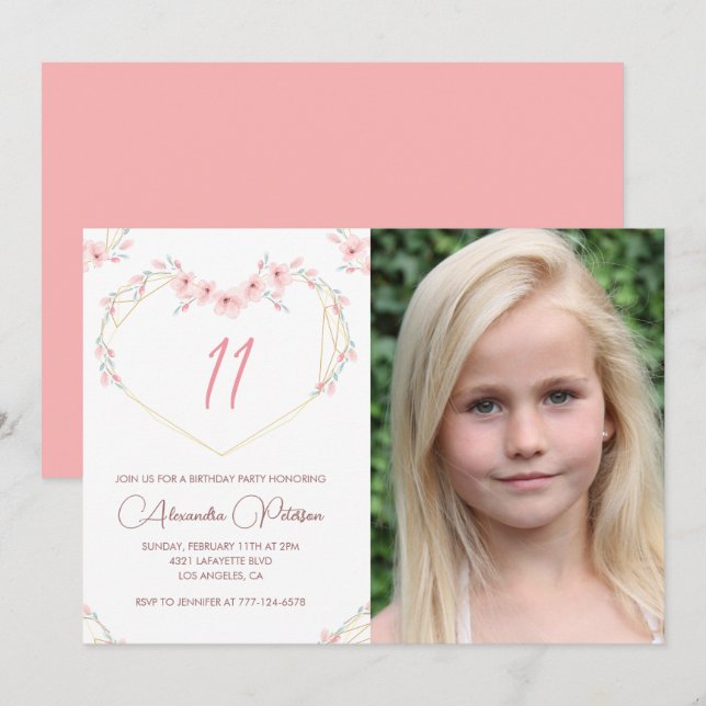 11th birthday invitations Boho Floral Photo (Front/Back)