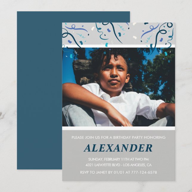 11th birthday invitations Boy Confetti Photo Navy (Front/Back)