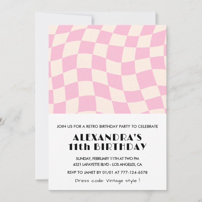 11th birthday invitations Checkered Retro Pink  (Front)