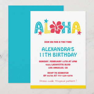 11th birthday invitations Tropical Aloha Hawaiian