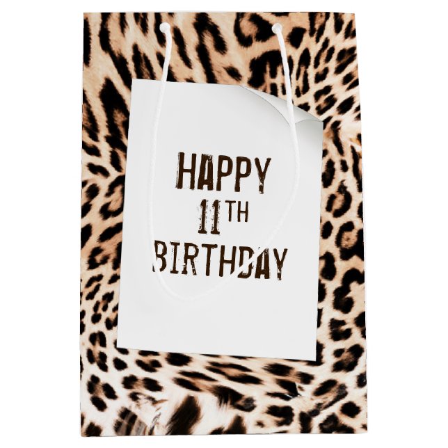 11th Birthday Leopard Fur Print  Medium Gift Bag (Front)