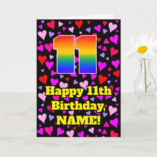11th Birthday: Loving Hearts Pattern, Rainbow # 11 Card (Small Plant)