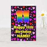 [ Thumbnail: 11th Birthday: Loving Hearts Pattern, Rainbow # 11 Card ]