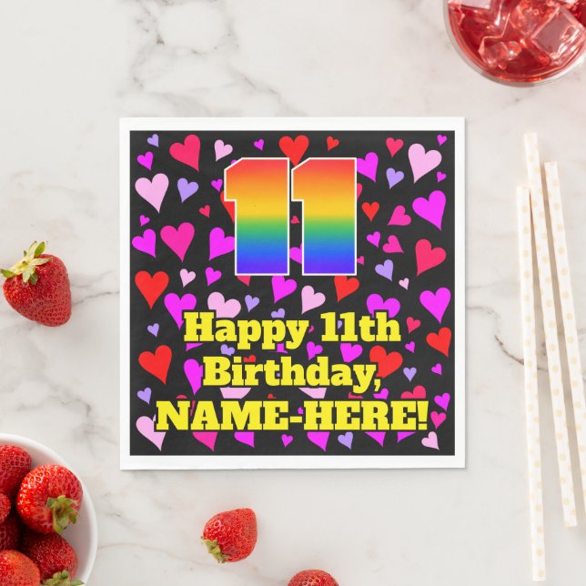11th Birthday: Loving Hearts Pattern, Rainbow # 11 Napkins (Insitu)