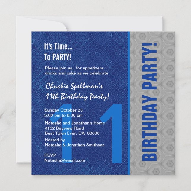 11th Birthday Modern Blue and Silver S307B Invitation (Front)