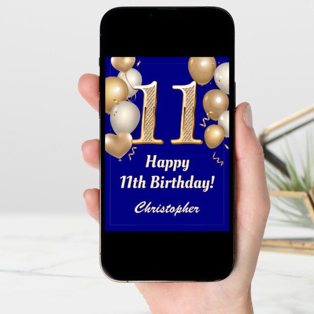 11th Birthday Navy Blue and Gold Balloons Confetti Card (Front Digital)