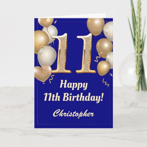 11th Birthday Navy Blue and Gold Balloons Confetti Card